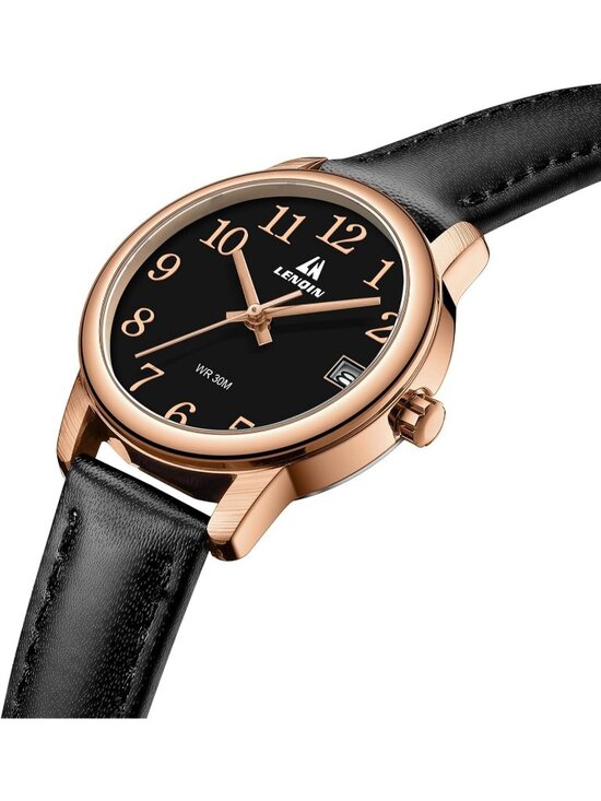 Women Black Rose Gold Leather Strap Analog Quartz Luminous Dial Waterproof Watch main image 5